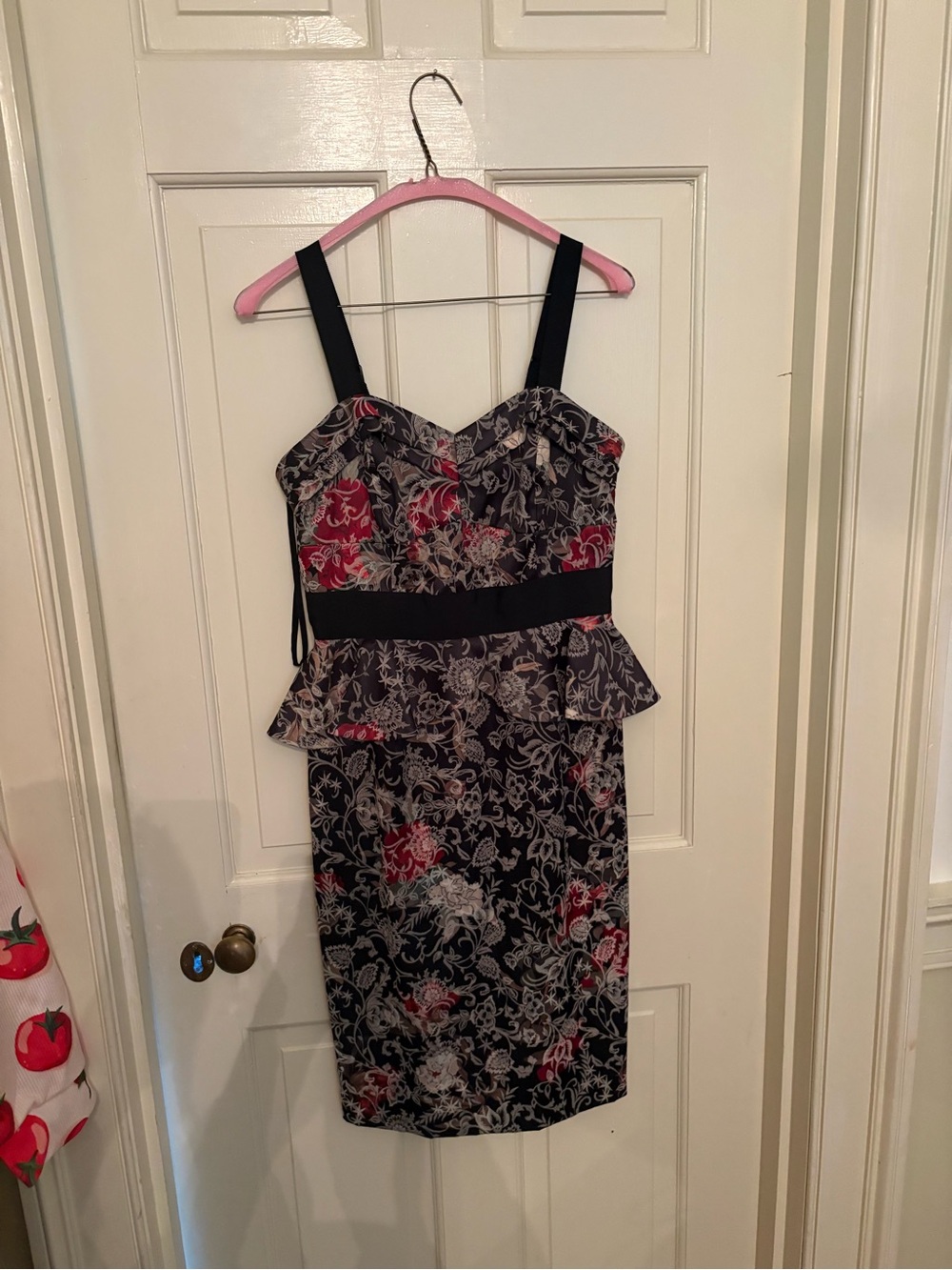 ANTONIO MELANI Black Floral Peplum Midi Dress with Red Accents